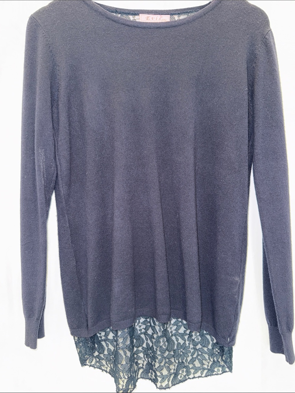 Ladies’ Navy Crewneck Sweater with Lace Hem